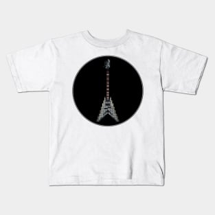 Tiled Pixel Silver King Flying V Guitar in a Black Circle Kids T-Shirt